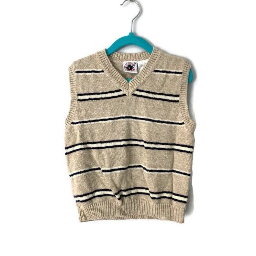 Vtg Boys Good Lad Beige Khaki Striped Sweater Vest Size 5